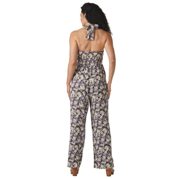 K. Jordan Lavender Floral Halter Strap Smocked Wide leg Jumpsuit Sz1X Soft Girl - Picture 2 of 15